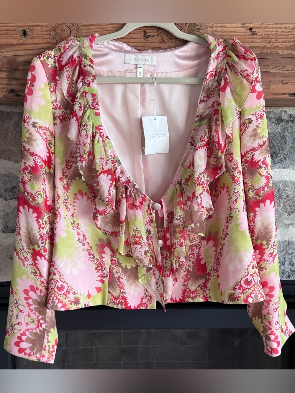 Escada Pink & Green Floral Ruffle V-Neck Blouse